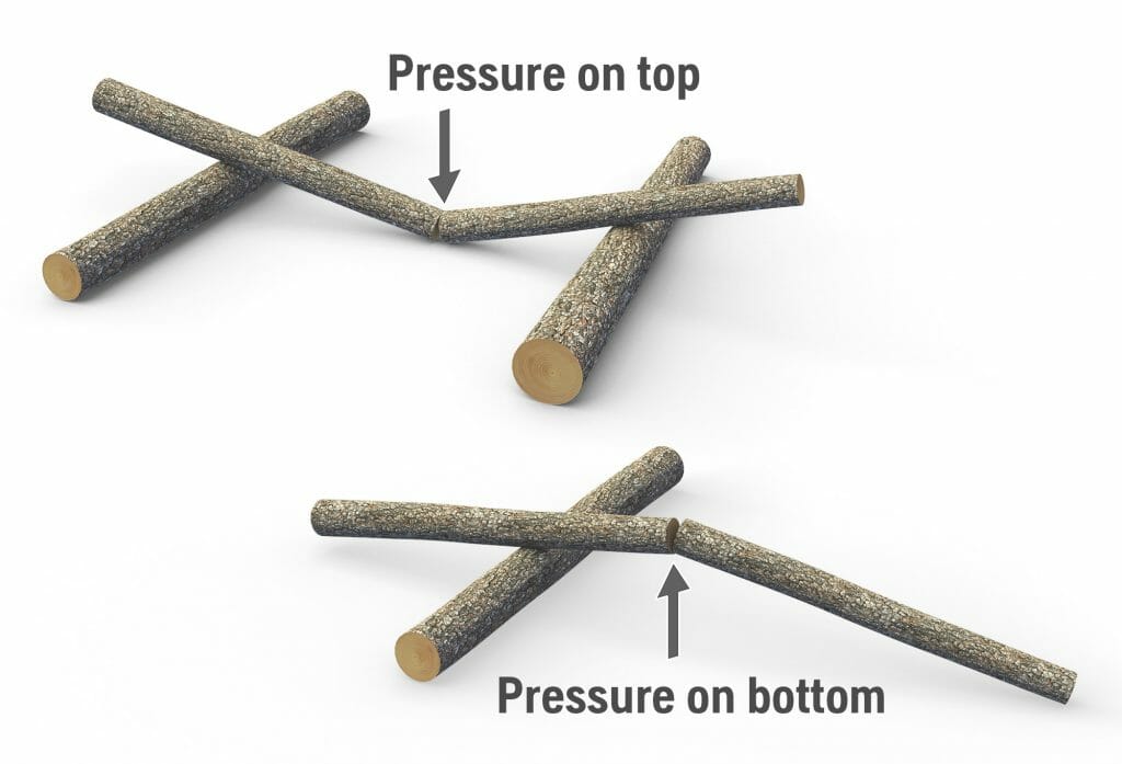Picture showing what happens when you cut a tree with a pressure on the top or at the bottom of the trunk.