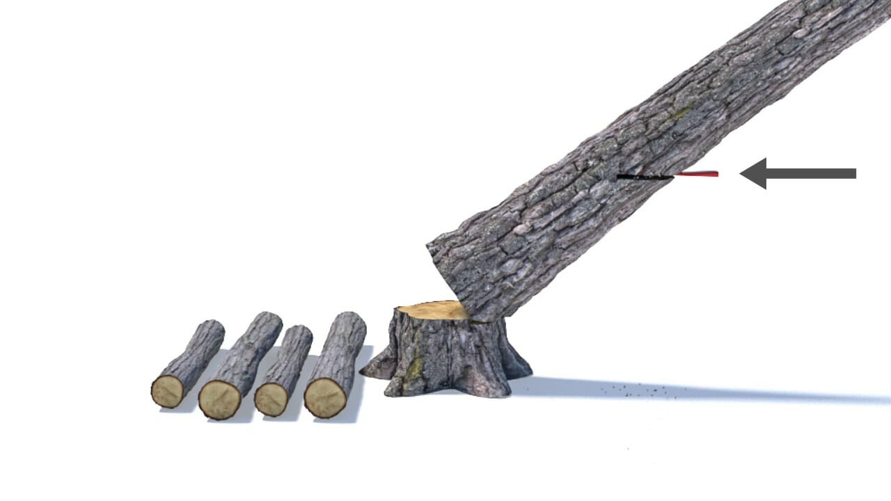 A wedge is inserted into the hung-up tree to prevent the backside cut from pinching
