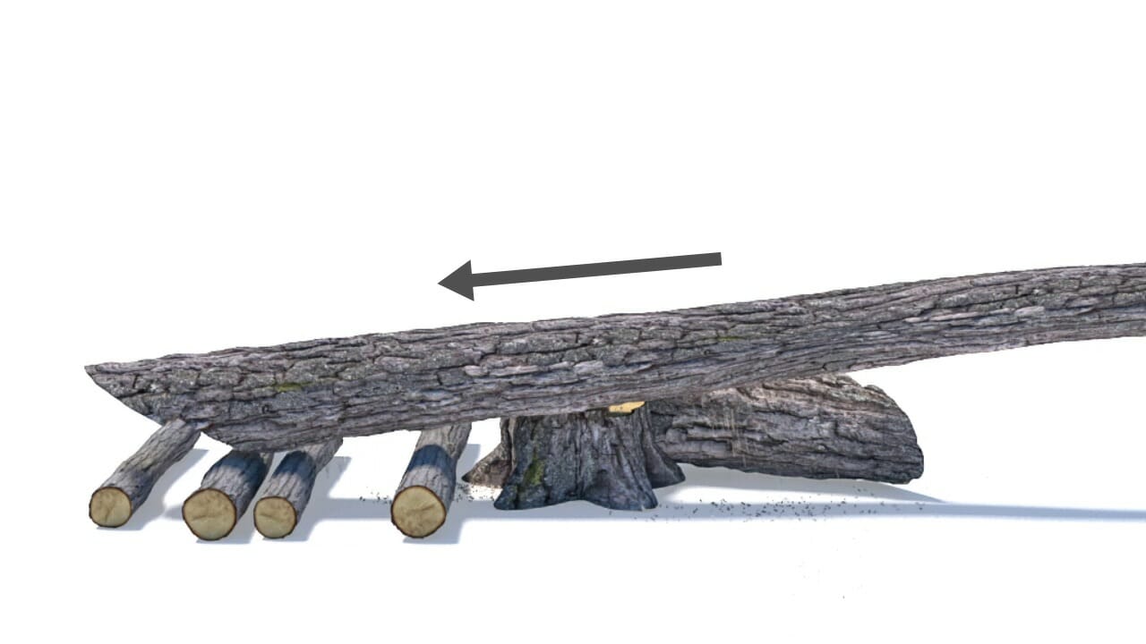 The trunk falls backwards on the slider bed, releasing the hung-up tree